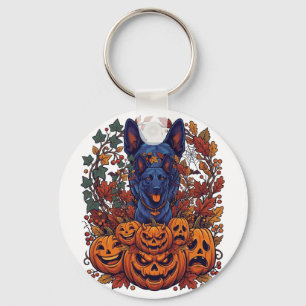 Blue Pitbull Halloween Pumpkins Autumn Leaves Bats Keychain