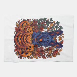 Blue Pitbull Halloween Pumpkins Autumn Leaves Bats Kitchen Towel