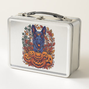 Blue Pitbull Halloween Pumpkins Autumn Leaves Bats Metal Lunch Box