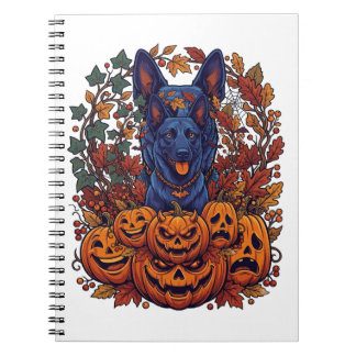 Blue Pitbull Halloween Pumpkins Autumn Leaves Bats Notebook