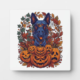 Blue Pitbull Halloween Pumpkins Autumn Leaves Bats Plaque