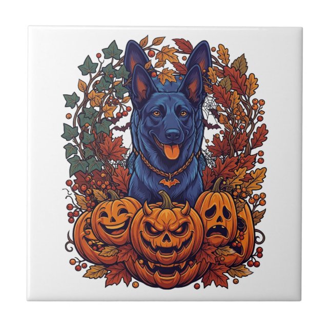 Blue Pitbull Halloween Pumpkins Autumn Leaves Bats Tile (Front)
