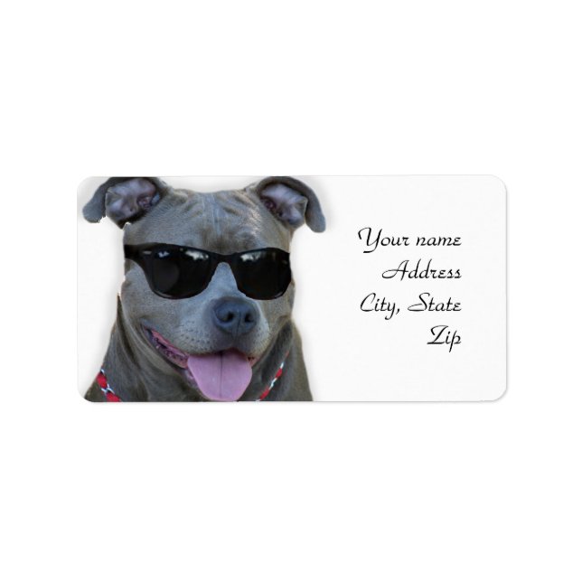 Blue pitbull with glasses label (Front)