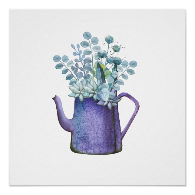 Blue Pitcher With Flowers Watercolor Poster Print (Front)