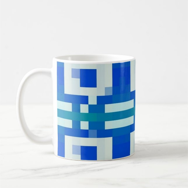Blue Pixel Art Geometric Pattern Coffee Mug (Left)