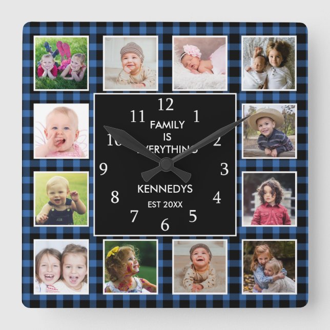 Blue Plaid 12 Photo Collage Family Quote Christmas Square Wall Clock (Front)