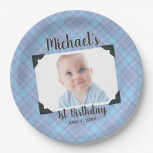 Blue Plaid 1st Birthday Photo With Name & Date Paper Plate