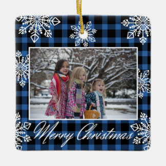 Blue Plaid 2 Family Photo Snowflakes Christmas Ceramic Ornament