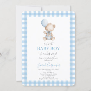 Blue plaid and Bear Baby Shower Boy Invitation
