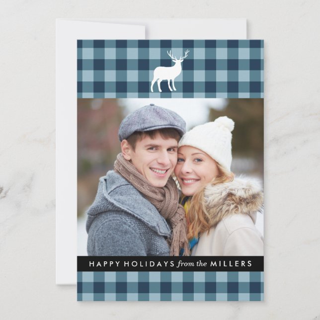 Blue Plaid and White Stag | Holiday Photo Card (Front)