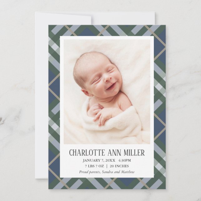Blue Plaid Baby Birth Announcement Photo Card (Front)