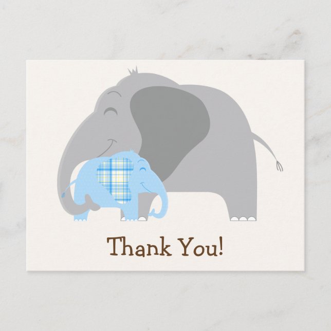 Blue Plaid Baby Elephant Baby Shower Postcard (Front)