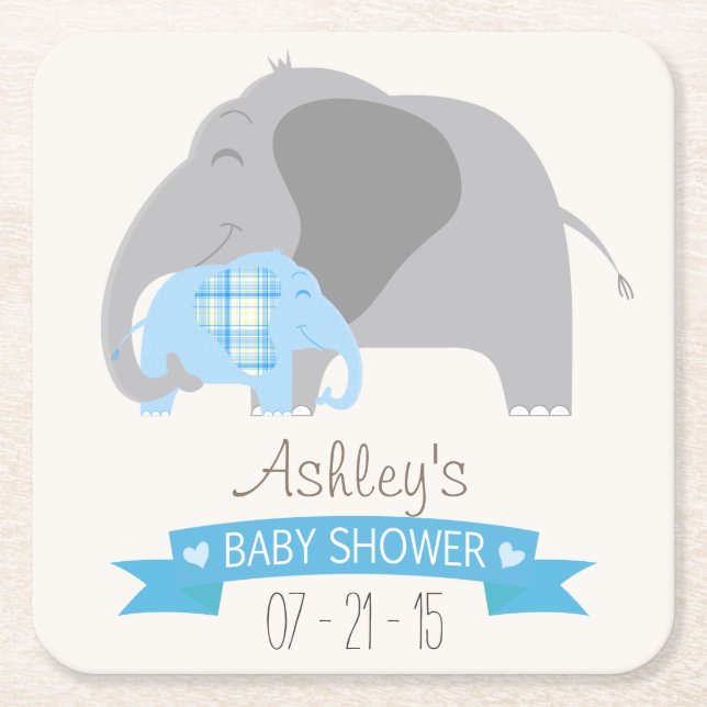 Blue Plaid Baby Elephant Baby Shower Square Paper Coaster (Front)