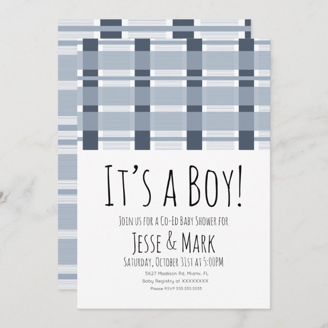 Blue Plaid Baby Shower Pattern It’s a Boy Invitation (Front/Back)