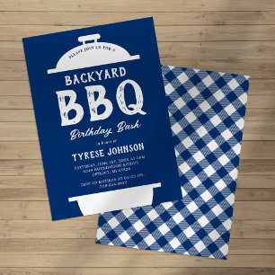 Blue Plaid BBQ Birthday Party Invitation