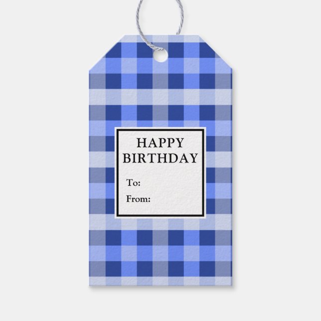 Blue Plaid Birthday Gift Tags (Front)