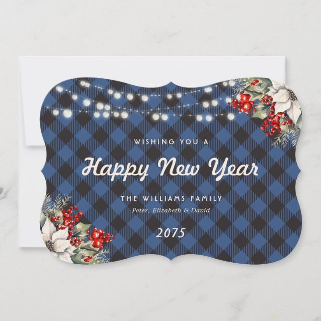 Blue Plaid Botanical String Lights New Year Card (Front)