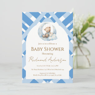Blue Plaid Boy Baby shower bear Invitation