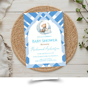 Blue Plaid Boy Baby shower bear Invitation