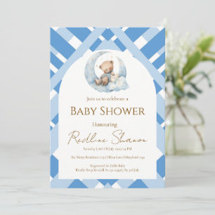 Blue Plaid Boy Baby shower bear Invitation