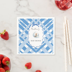 Blue Plaid Boy Baby shower bear ribbon Napkin