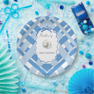 Blue Plaid Boy Baby shower bear ribbon Paper Plate