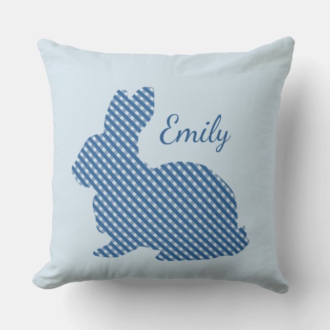 Blue Plaid Bunny Personalised Throw Pillow (Front)