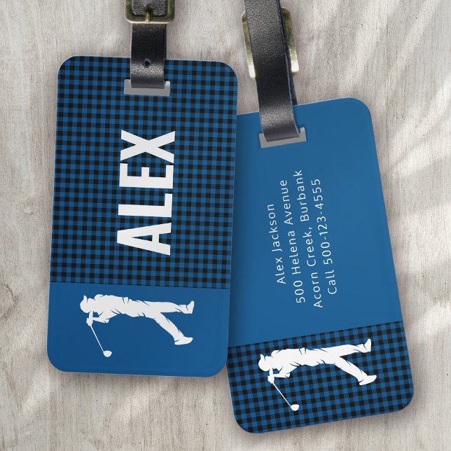 Blue Plaid Check Monogram Golfer Luggage Tag (Creator Uploaded)