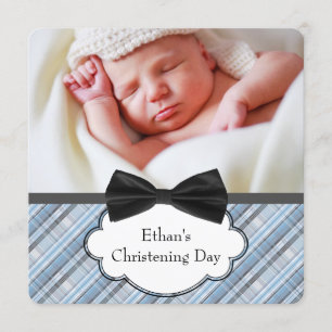 Blue Plaid Christening Invitation