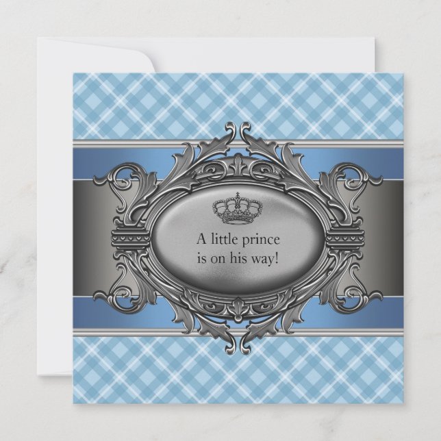 Blue Plaid Crown Little Prince Boy Baby Shower Invitation (Front)