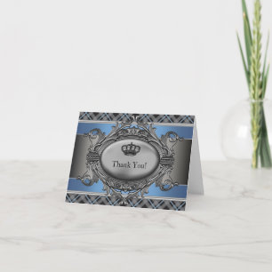 Blue Plaid Crown Little Prince Thank You Cards