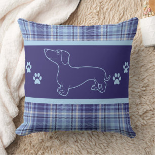 Blue Plaid Dachshund Throw Pillow