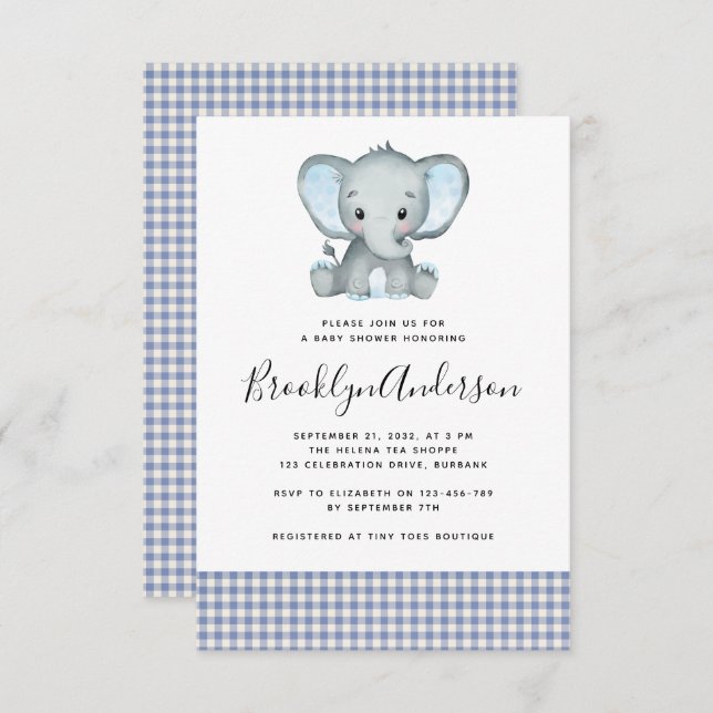  Blue Plaid Elephant Baby Shower Invitation (Front/Back)