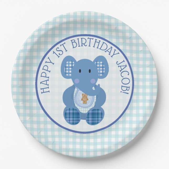 Blue Plaid Elephant Happy 1st Birthday  Plate (Front)
