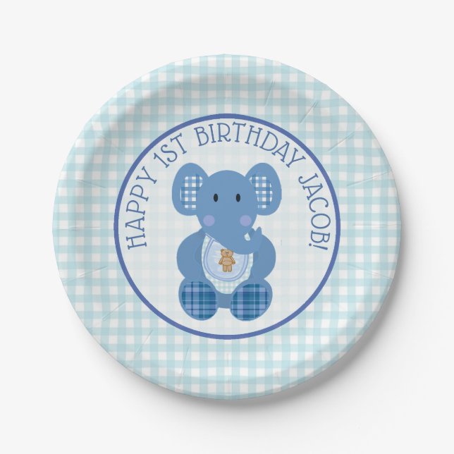 Blue Plaid Elephant Happy 1st Birthday  Plate (Front)