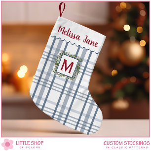 Blue Plaid Evergreen Wreath Monogram Small Christmas Stocking