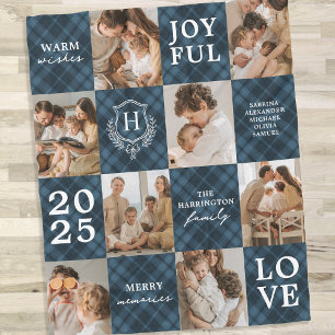 Blue Plaid Family Monogram 8 Photo Christmas Fleece Blanket