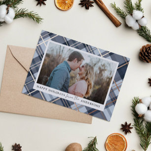 Blue Plaid Frame Christmas Real Foil Photo Foil Holiday Card