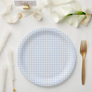 Blue Plaid Gingham Baby Shower Paper Plate