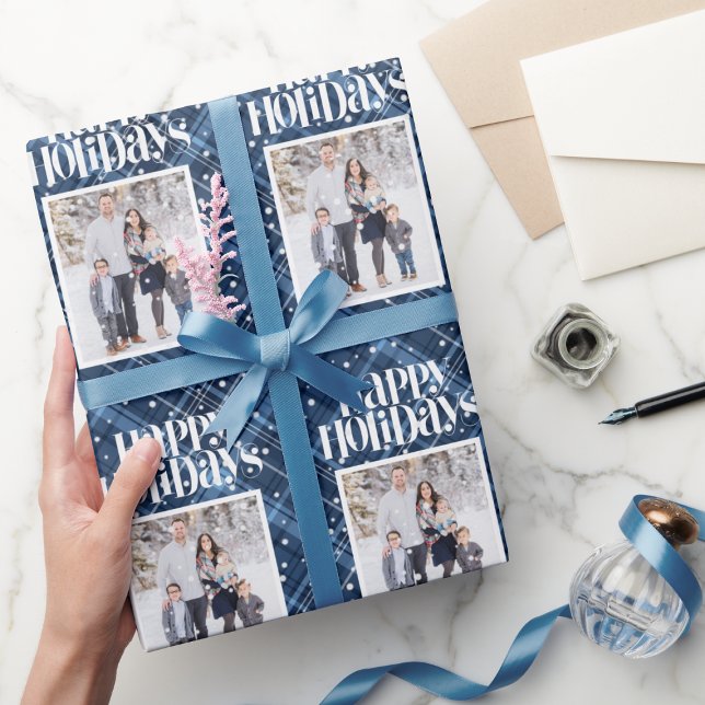 Blue Plaid Gingham Custom Photo Christmas Holiday  Wrapping Paper (Creator Uploaded)