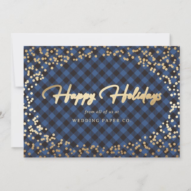 Blue Plaid Gold Snow Business Holiday Cards (Front)