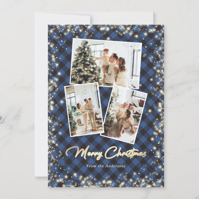 Blue Plaid Gold Snow Glitter Photo Christmas Cards (Front)