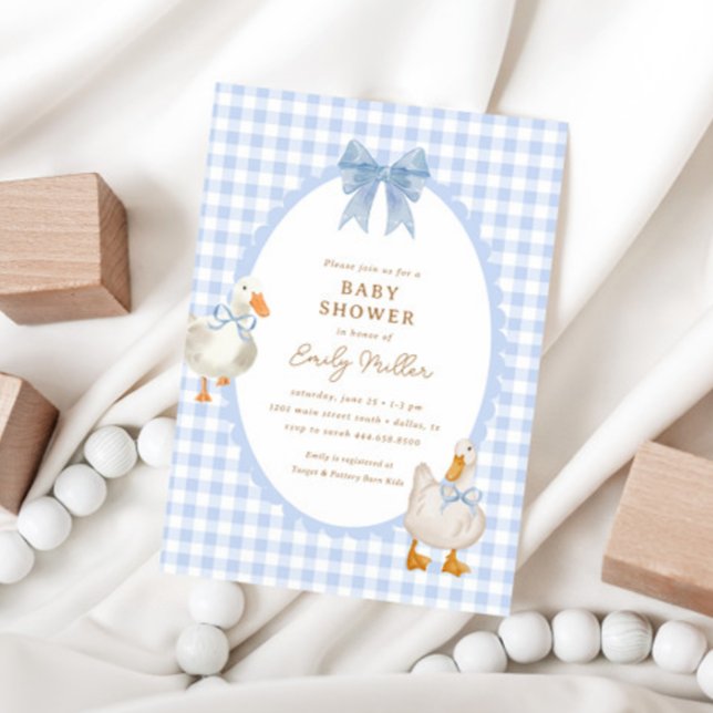 Blue Plaid Goose Duck Coquette Baby Shower Invitation (Creator Uploaded)