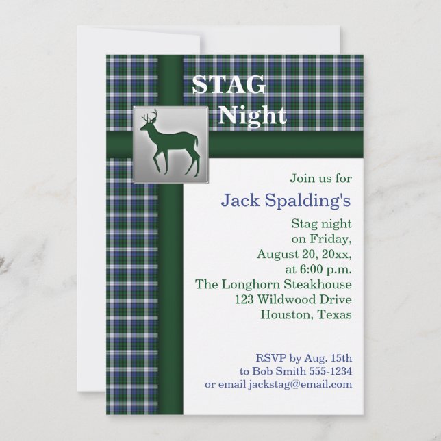 Blue Plaid, Green and Silver Stag Invitation (Front)