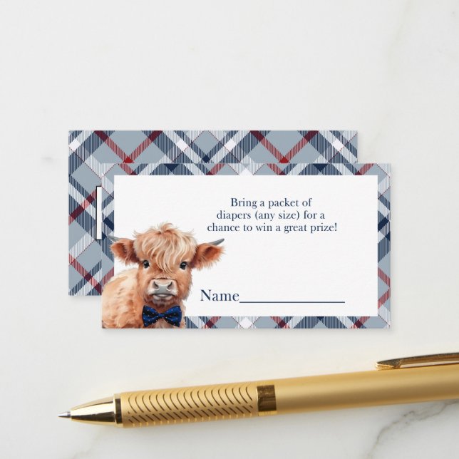 Blue plaid Highland Cow diaper raffle Enclosure Card (Front/Back In Situ)