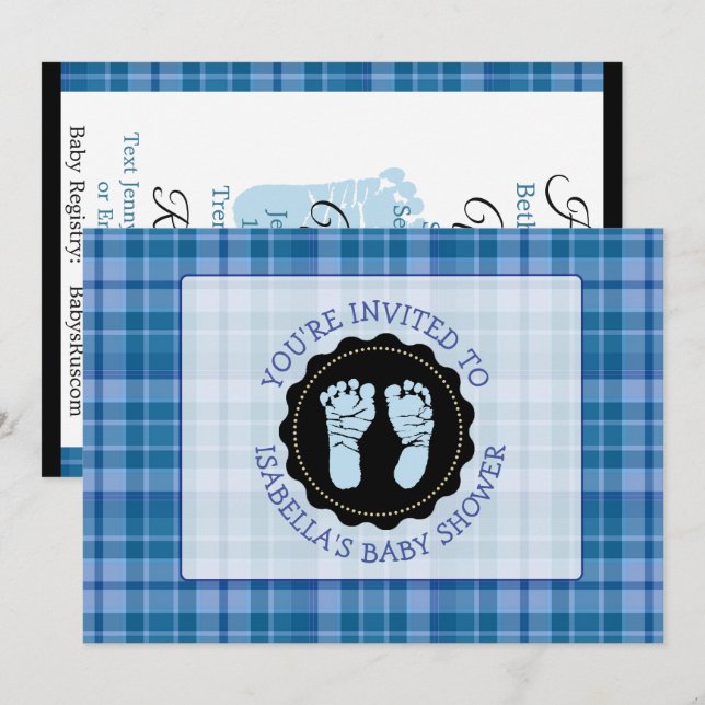 Blue Plaid Its a Boy Baby Shower Invitation (Front/Back)