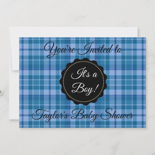 Blue Plaid Its a Boy Baby Shower Invitation (Front)