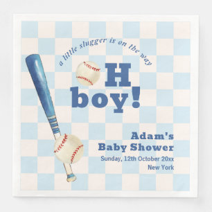 Blue Plaid Little Slugger Baseball Baby Shower Napkin