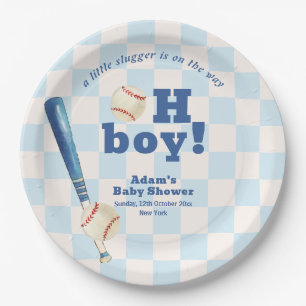 Blue Plaid Little Slugger Baseball Baby Shower  Paper Plate