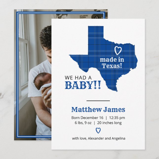 Blue Plaid Made In Texas Vertical Photo Announcement (Front/Back)